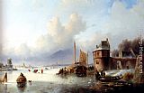 A Winter Landscape With Numerous Skaters On A Frozen Waterway, Dordrecht In The Distance by Jan Jacob Coenraad Spohler
